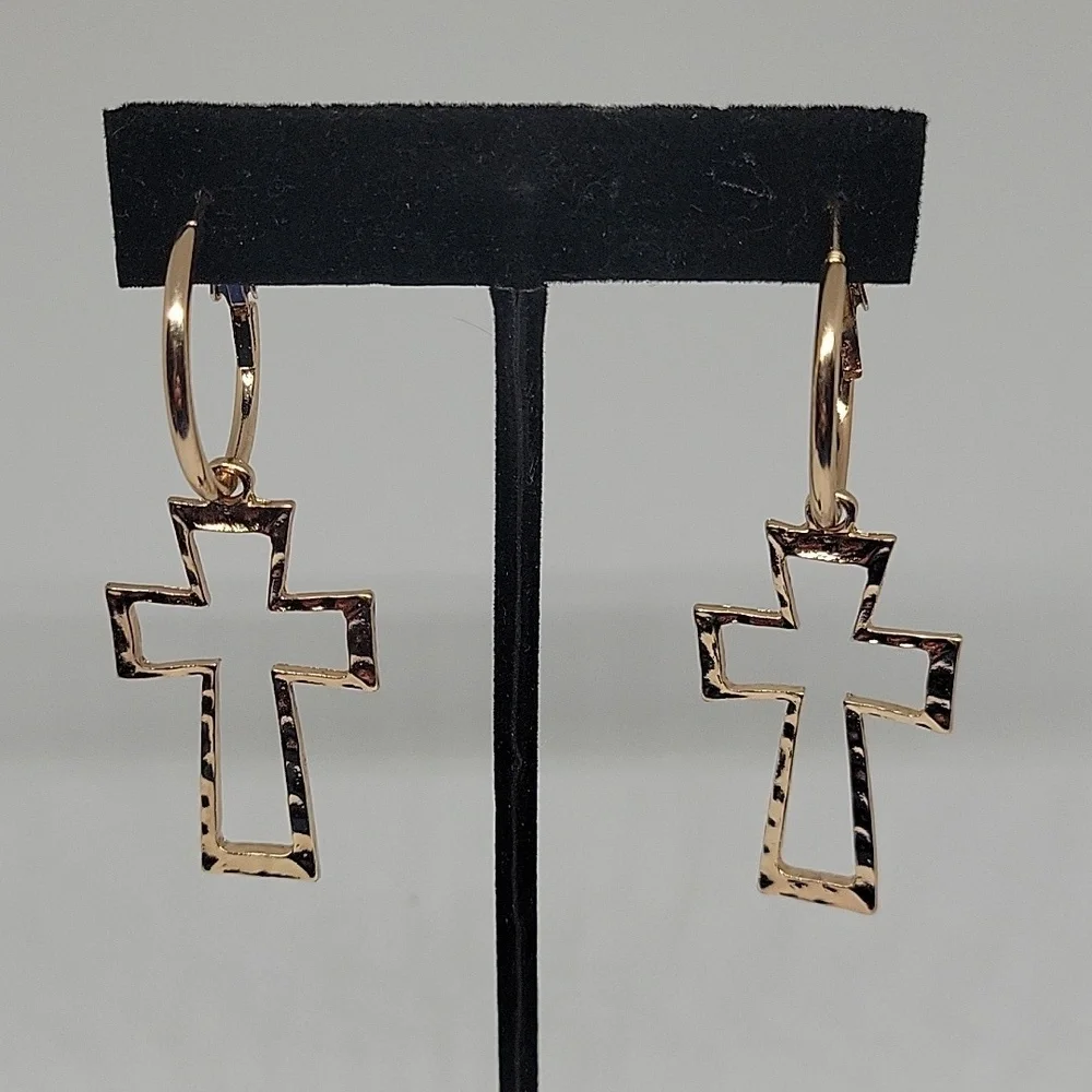 Gold Tone Hollow Out Cross Dangle 2.5